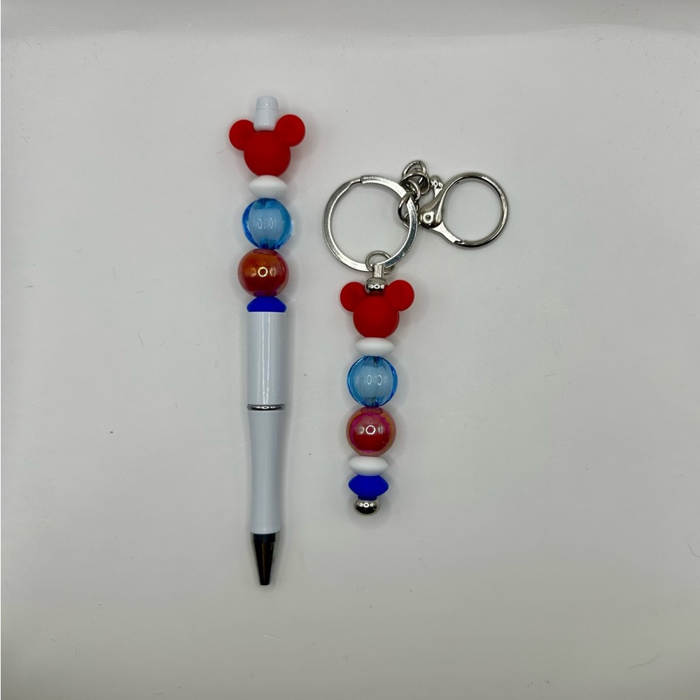 Mouse Ears beaded Pen and Keychain Set - Red and Blue
